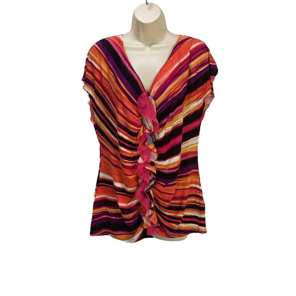 Rafaella Womens Ruffled Blouse Top Size XL Colorful V-Neck Cap Sleeve